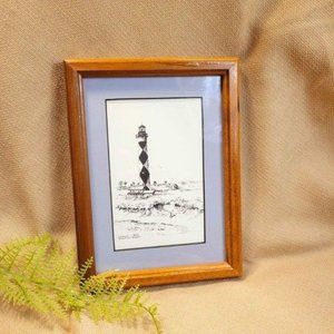 Vintage Pen + Ink Framed Lighthouse Illustration